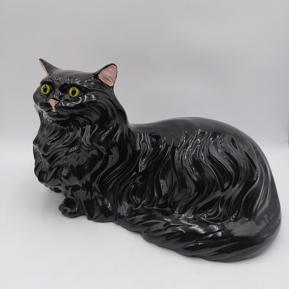 Vtg L MCM Ceramic Persian Black Cat Statue Lying Green Eyes Lifelike Eclectic